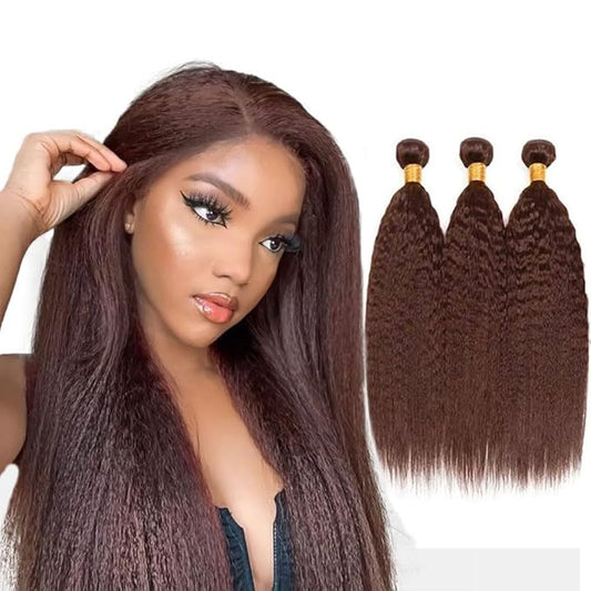 Brown Yaki Straight Human Hair Bundles Chocolate Brown Kinky Straight Bundles 18 20 22 Inch Grade 8A Brazilian Virgin Remy Hair Extensions Double Weft Real Color 4 Hair Weave