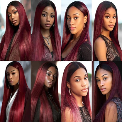 1B99j Ombre Burgundy Straight Bundles Black and Burgundy Straight Bundles two tone Brazilian Hair Weave Soft and Silky for Women 8 10 12 Inch