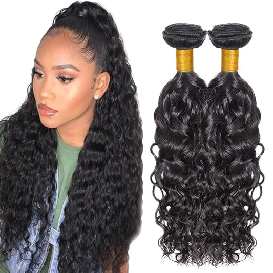 #1B Human Hair Bundles Water Wave Bundles 30 32 Inch 2 Bundles Unprocessed Brazilian Virgin Hair Weave 50 Grams Per Bundle Water Wave Bundle Human Hair Extensions Natural Color