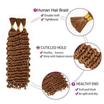 #30 Brown Human Braiding Hair Deep Wave Bulk 16 16 16 Inch Human Hair Weave 3 Bundle Unprocessed Brazilian Virgin Hair Light Brown Deep Curly Braiding Hair Extensions 50 Grams/Bundle
