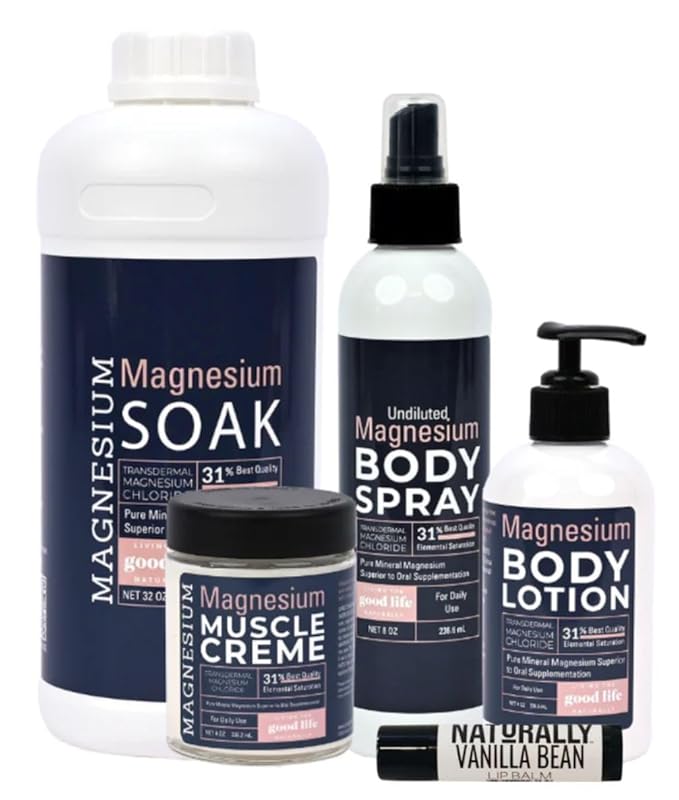Magnesium Bundle - Magnesium Soak, Body Lotion, Muscle Cream and Topical Body Spray with a Vanilla Bean Lip Balm, Organic, Natural, Pure (BOTTLE COLOR MAY VARY)
