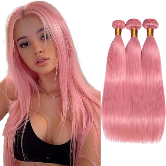 30 32 34 Inch Light Pink Human Hair Bundles Pink Straight Bundles Niegmeag Virgin Soft and Skily Remy Hair Extensions Double Weft Light Rose Bundle