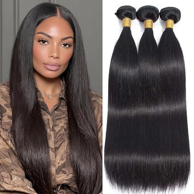Straight Human Hair Bundles #1B Natural Color Straight Bundles Brazilian Human Hair Weave Extensions Soft and Silky for Black Women 14 16 18 Inch