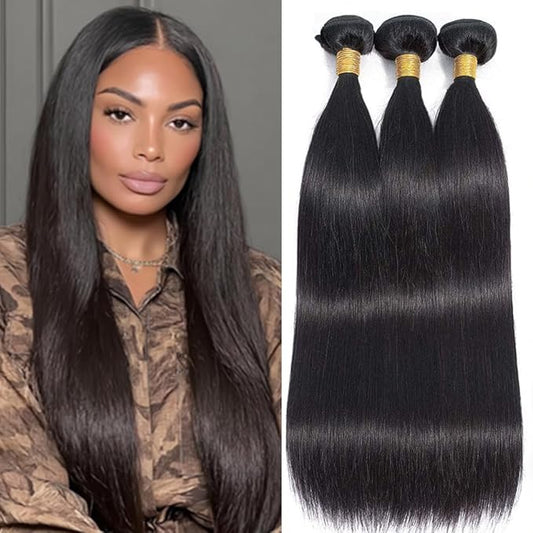 Straight Human Hair Bundles #1B Natural Color Straight Bundles Brazilian Human Hair Weave Extensions Soft and Silky for Black Women 14 16 18 Inch