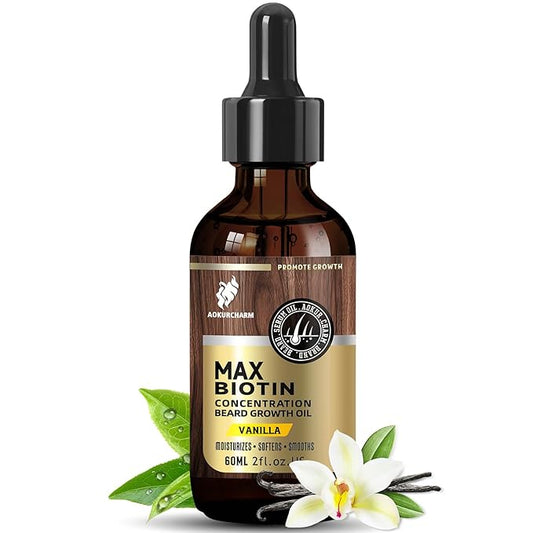 Biotin Beard Oil for Men – Vanilla Scented Growth & Softening Oil with Castor, Vitamin B5 & Grape Seed – Leave-In Beard Conditioner for Coarse or Patchy Beards – Gift for Him – 2 oz