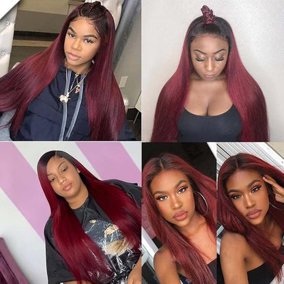 Ombre Human Hair 1B99j Straight Bundles Black Mixed With Burgundy Straight Bundles Two Tone Brazilian Human Hair Extensions Soft and Silky for Black Women 26 28 30 Inch