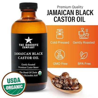 The Goodbye Company Black Castor Oil for Hair Growth – Organic, Cold-Pressed & Unrefined 100% Pure & Hexane-Free - Glass Bottle (450mL) Nourishing Oil for Eyebrow, Eyelash & Stronger Hair (16.9 oz)