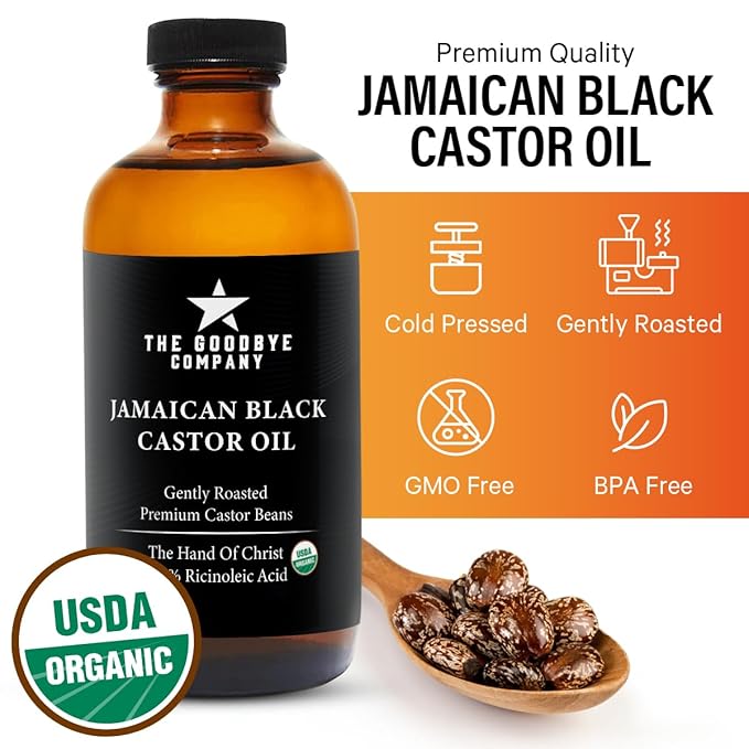 The Goodbye Company Jamaican Black Castor Oil, USDA Certified Organic - 250 mL, Cold Pressed, Unrefined for Eyebrow, Eyelash and Hair Growth (8.5 Ounces)