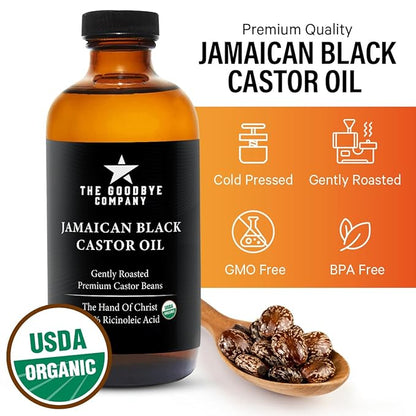 The Goodbye Company Jamaican Black Castor Oil, USDA Certified Organic - 250 mL, Cold Pressed, Unrefined for Eyebrow, Eyelash and Hair Growth (8.5 Ounces)