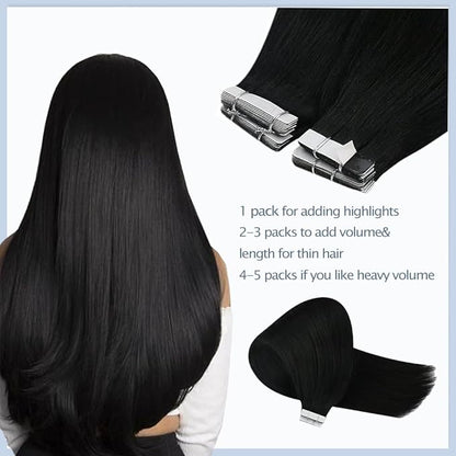 Tape In Hair Extensions 18 Inch Color #1 Straight Hair Extensions HuxoWax Double Weft VirgIn Soft And Silky Remy Invisible Natural Color