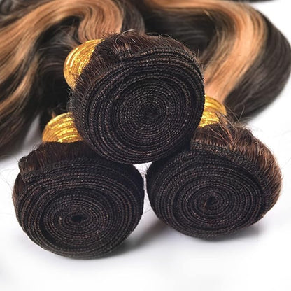 Highlight Bundles Human Hair Brown Body Wave Bundles 12 14 16 Inch Brazilian Unprocessed Virgin Remy Hair Extensions Niegmeag Hair 2 Tone Black and Light Brown Bundle