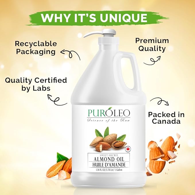 PUROLEO Sweet Almond Oil 128 Fl Oz/3784 ML (Packed In Canada) Pure Almond Oil for Skin, Hair, & Body | Organic Carrier Oil & Body Oils For Women