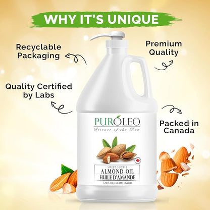 PUROLEO Sweet Almond Oil 128 Fl Oz/3784 ML (Packed In Canada) Pure Almond Oil for Skin, Hair, & Body | Organic Carrier Oil & Body Oils For Women