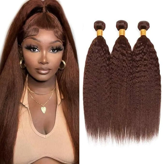 32 32 32 Inch Brown Human Hair Bundles Color #4 Kinky Straight Bundle Brazilian Grade 8A Virgin Hair Extensions Brown Yaki Straight Bundle Human Hair Chocolate Brown Bundles