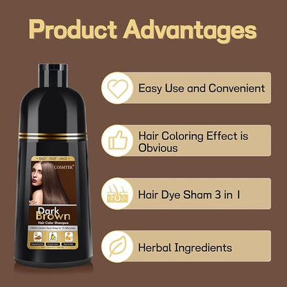 Dark Brown Hair Dye Shampoo, Hair Color Shampoo for Women, 3 in 1 Hair Dye for Gray Hair 100% Grey Hair Coverage/Instant/Herbal Ingredients 17.6 OZ