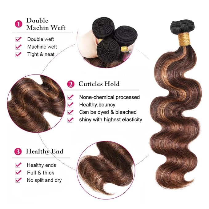 Ombre P430 Body Wave Bundles Human Hair Highlight Body Wave Bundles Brown and Light Brown two tone Brazilian Human Hair Soft and Silky for Black Women 26 28 30 Inch