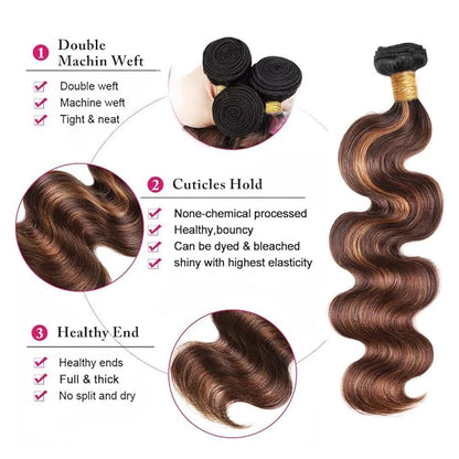 Ombre P430 Body Wave Bundles Human Hair Highlight Body Wave Bundles Brown and Light Brown two tone Brazilian Human Hair Soft and Silky for Black Women 26 28 30 Inch