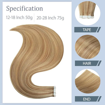 Tape In Hair Extensions 24 Inch HuxoWax P27/613 Straight Hair Extensions Double Weft Highlight Blonde VirgIn Soft And Silky Remy Hair