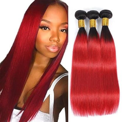 Ombre Red Bundles 1B/Red Straight Human Hair Bundles 18 20 22 inch Double Weft Brazilian Virgin Remy Hair Extensions Soft and silky For Women