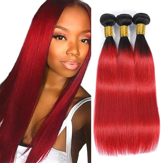 Ombre Red Bundles 1B/Red Straight Human Hair Bundles 18 20 22 inch Double Weft Brazilian Virgin Remy Hair Extensions Soft and silky For Women