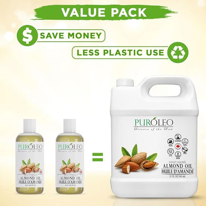 PUROLEO Sweet Almond Oil 32 Fl Oz/946 ML 100% Natural and Pure | Moisturizer & Carrier Oil | Beauty & DIY Blends, Massage Oil, Body Oil, Hair Oil and Baby Oil | Made from Almonds raw