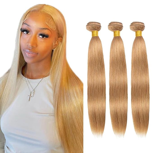 #27 Honey Blonde Bundles Human Hair Straight Bundles 24 26 28 Inch Unprocessed Brazilian Virgin Hair Weave 3 Bundle Blonde Human Hair Extensions 50 Grams Per Bundle