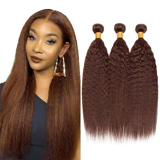 #4 Brown Bundles Human Hair Yaki Straight Bundles 16 18 20 Inch Human Hair Weave 3 Bundle Unprocessed Brazilian Virgin Hair Dark Brown Kinky Straight Human Hair Extensions 50 Grams/Bundle