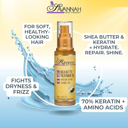 Hair Oil with Shea Butter for Frizzy, Dry & Damaged Hair, Hydrating Keratin Treatment Oil, 1.69oz/50ml