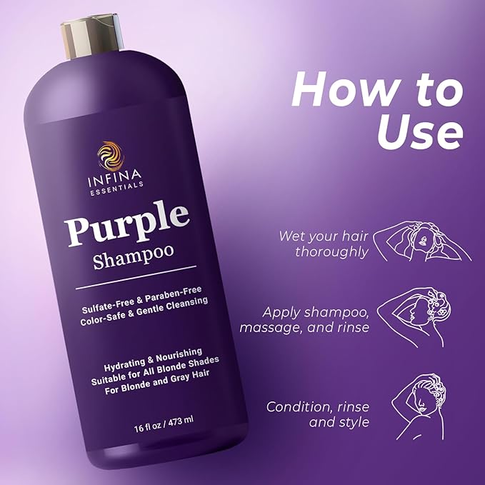 Purple Shampoo for Blondes, Gray, Brassy & Color Treated Hair, Sulfate Free, Enriched with Green Tea & Chamomile & Avocado Oil - Nourishing & Hydrating Blonde Shampoo - 16 fl oz