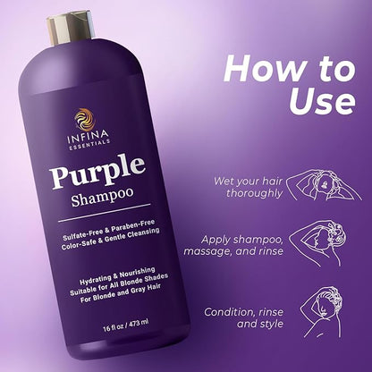 Purple Shampoo for Blondes, Gray, Brassy & Color Treated Hair, Sulfate Free, Enriched with Green Tea & Chamomile & Avocado Oil - Nourishing & Hydrating Blonde Shampoo - 16 fl oz