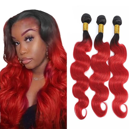 Ombre Red Human Hair Bundles 1B/Red Body Wave Human Hair Bundles 12 14 16 inch Two Tone Brazilian Virgin Remy Hair Extensions Soft and Silky For Women