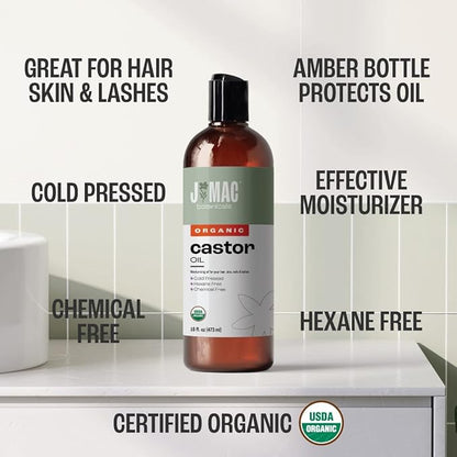 J Mac Botanicals Organic Castor Oil, Cold Pressed (32 oz) unrefined, cold pressed, hexane free for face, skin, eyelashes, pack wraps, pads