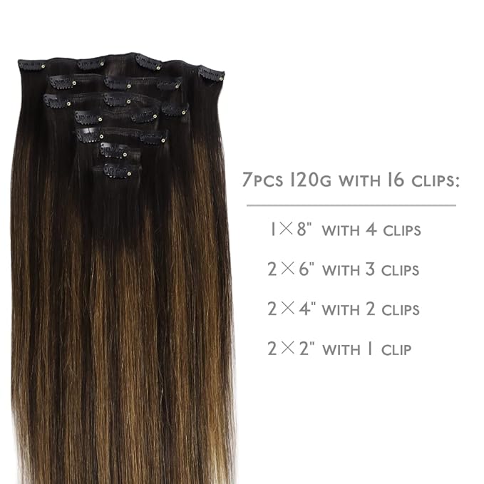 WENNALIFE Clip in Hair Extensions Real Human Hair, 20 Inch 120g 7pcs Dark Brown to Chestnut Brown Balayage Remy Hair Double Weft