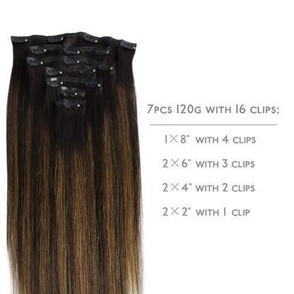 WENNALIFE Clip in Hair Extensions Real Human Hair, 20 Inch 120g 7pcs Dark Brown to Chestnut Brown Balayage Remy Hair Double Weft