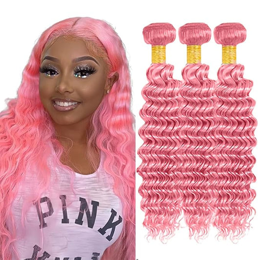 Pink Bundles Human Hair Pure Pink Deep Wave Bundle Peruvian Unprocessed Virgin Remy 3 Bundles 20 22 24 Inch Double Weft Hair Weave 300g