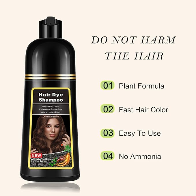 Chestnut Brown Hair Dye Shampoo 3 in 1, Instant Hair Color Shampoo for Men & Women, Herbal Brown Hair Shampoo Colors Hair in Minutes 17.6 FL OZ