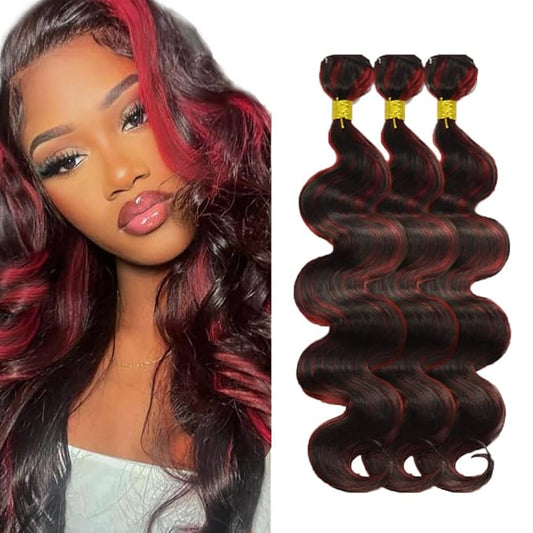 P1B99j Body Wave Bundles Highlight Human Hair Bundle Unprocessed Peruvian Virgin Remy Hair 3 Bundles 22 22 22 Inch 2 Tone Red and Black Hair Weave