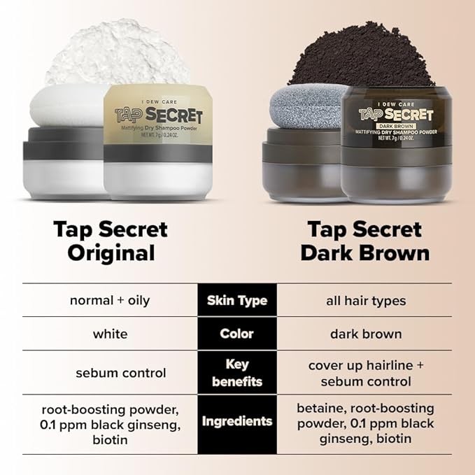 I DEW CARE Tap Secret Dry Shampoo Powder with Biotin - Tap Secret Original & Dark Brown Duo set | Strengthening & Volumizing, Powder Type, Refillable, Travel size, 0.24 Oz * 2ea