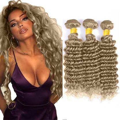#22 Blonde Bundles Human Hair Deep Wave Bundles 24 26 28 Inch Human Hair Weave 3 Bundle Unprocessed Brazilian Virgin Hair Ash Blonde Deep Wave Human Hair Extensions 50 Grams/Bundle