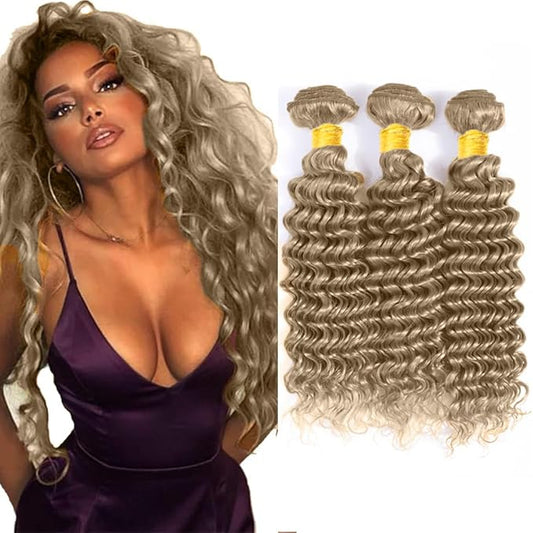 #22 Blonde Bundles Human Hair Deep Wave Bundles 24 26 28 Inch Human Hair Weave 3 Bundle Unprocessed Brazilian Virgin Hair Ash Blonde Deep Wave Human Hair Extensions 50 Grams/Bundle