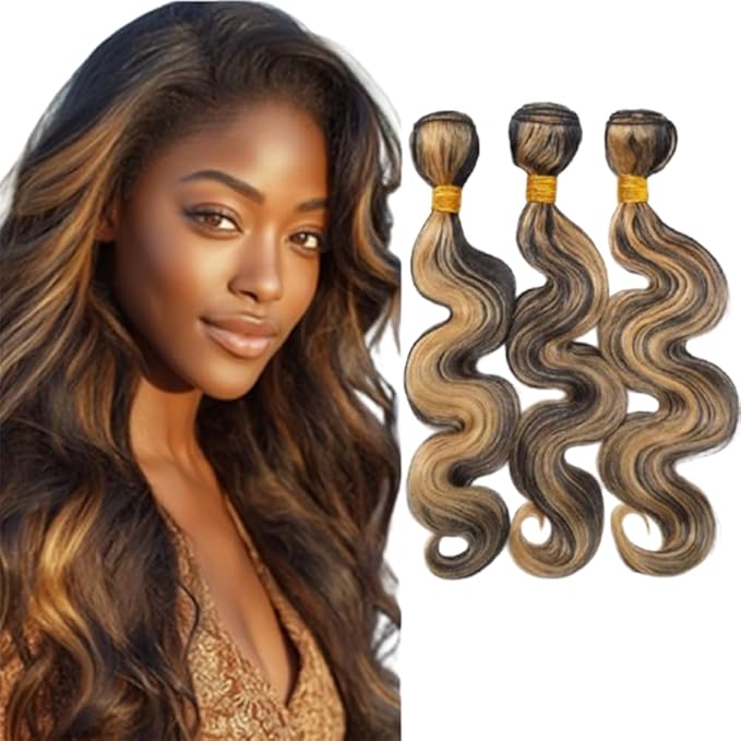 Ombre P1B27 With Highlights Body Wave Bundles Black and Blonde Body Wave Bundles two tone Brazilian Human Hair Soft and Silky for Black Women 10 10 10 Inch