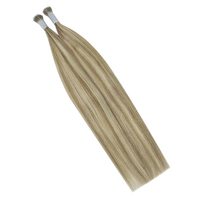 YoungSee I Tip Hair Extensions Human Hair Brown I Tips Hair Extensions Real Human Hair Light Brown with Blonde Highlight Tip Hair Extensions Real Human Hair Short Hair Extensions 14 Inch 80s 50g
