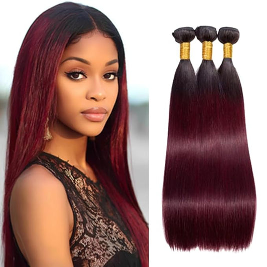 1B99J Straight Bundles Black Mixed With Burgundy Straight Bundles two tone Brazilian Hair Extensions Soft and Silky for Women 14 16 18 Inch