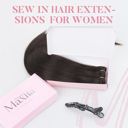 MAXITA Sew in Hair Extensions Real Human Hair, Weft Hair Extensions Human Hair, #2 Dark Brown 18 inch 100g Double Weft Remy Silky Sew in Weft Hair Extension Human Hair