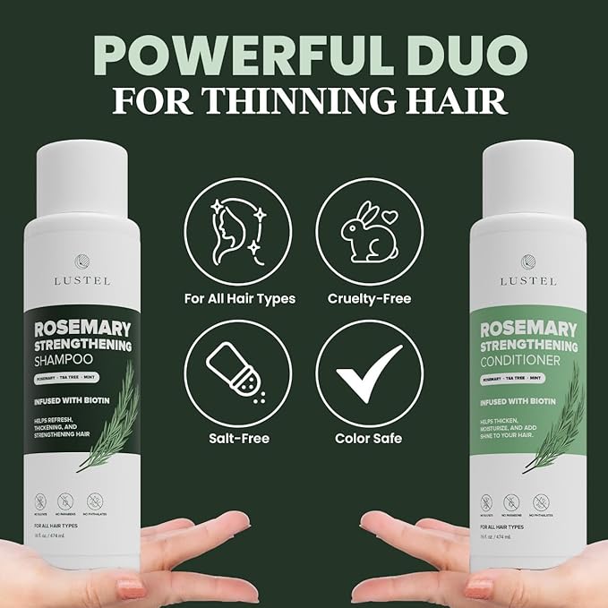 LUSTEL Rosemary Strengthening Volumizing Shampoo and Conditioner Set for Thinning Hair - Sulfate Free - Biotin Shampoo with Tea Tree & Mint. For All Hair Types - 16 Fl Oz Each (2-Pack)