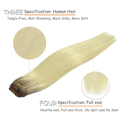 Caliee 14Inch Human Hair Extensions Clip In R20/60A Ombre Sunkissed Blonde Roots to Platinum Blonde Clip in Hair Extensions Remy Hair Full Head Silky Straight Natural Hair Extensions 120G 7PCS