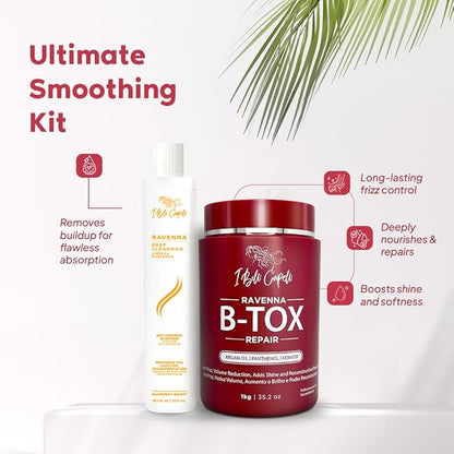 Ravenna Hair Treatment Kit- 1kg/35.02 oz B-tox Hair Mask + 300ml/10.1 fl.oz Anti-Residue Shampoo- Repair & Clarifying Shampoo for Longer Effect