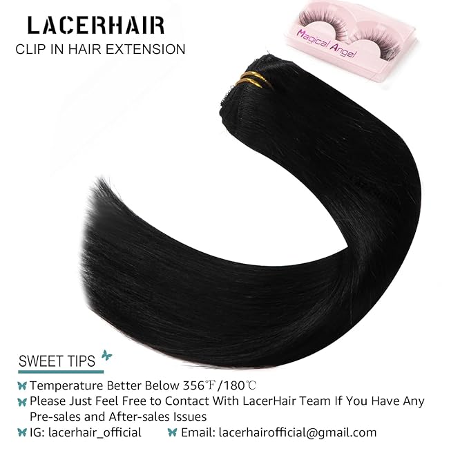 Lacer Hair Extensions Clip in Human Hair Jet Black #1 120g 7pcs Per Set Silky Straight 100% Clip in Hair Extensions Remy Human Hair 14 Inch