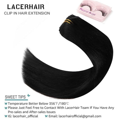 Lacer Hair Extensions Clip in Human Hair Jet Black #1 120g 7pcs Per Set Silky Straight 100% Clip in Hair Extensions Remy Human Hair 14 Inch
