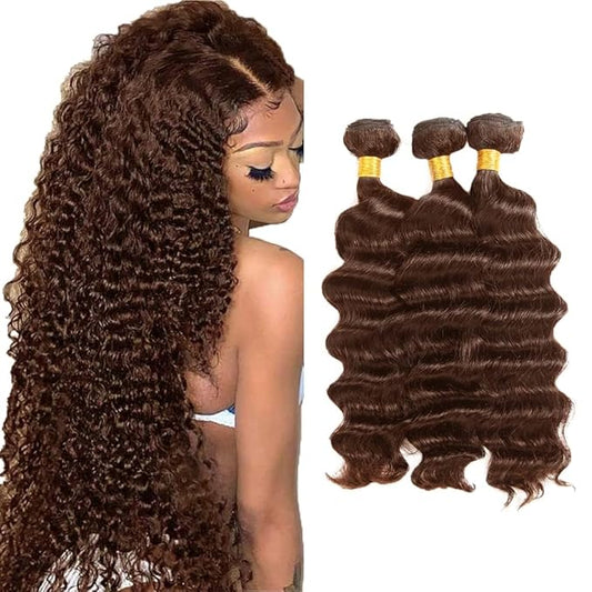 #4 Brown Bundles Human Hair Deep Wave Bundles 22 24 26 Inch Human Hair Weave 3 Bundle Unprocessed Brazilian Virgin Hair Chocolate Deep Wave Human Hair Extensions 50 Grams/Bundle